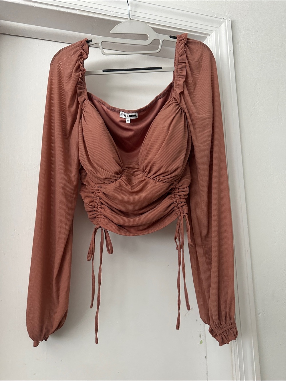 Fashion Nova Rusty Rose Ruched Long Sleeve Crop Top
